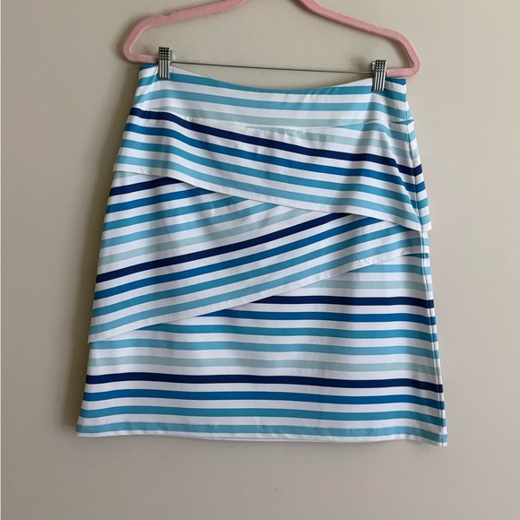 J. McLaughlin Skirt Women’s L Blue White Striped Tiered Overlay Nylon Spandex - Picture 2 of 8